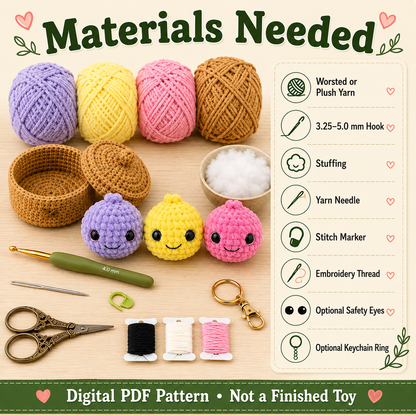 Dumpling Crochet Pattern PDF | No-Sew Kawaii Amigurumi Plush | Beginner Digital Download with Step-by-Step Video Tutorial