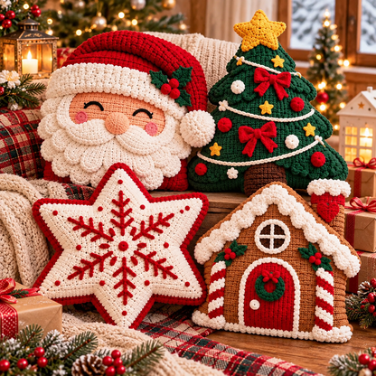 Christmas Crochet Pillow Pattern Bundle – Santa, Tree, Snowflake & Gingerbread House PDF