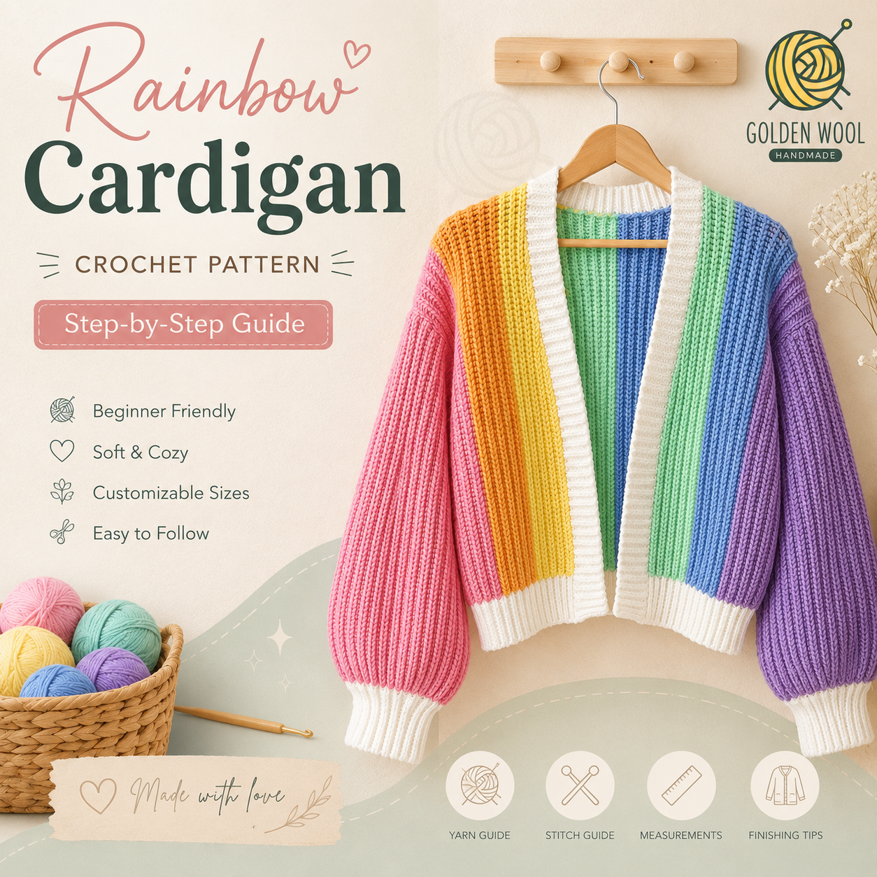 Colorful Crochet Cardigan PDF Pattern | Beginner Striped Cardigan Tutorial | Knit-Look Crochet Pattern | Instant Digital Download