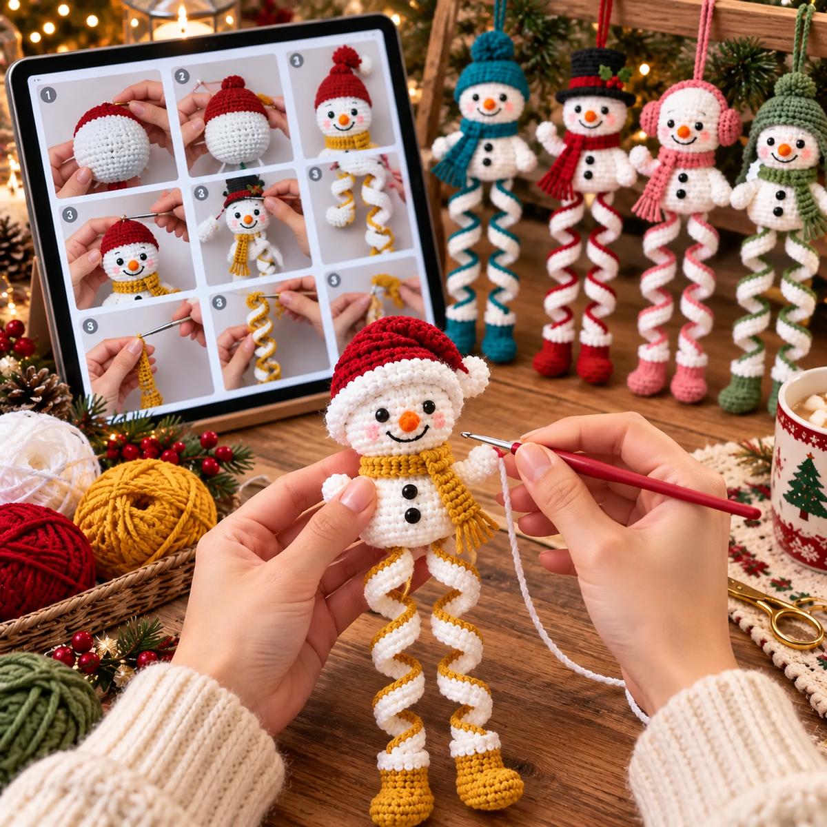 5 in 1 Christmas Snowman Crochet Ornament Pattern Bundle – 5 Spiral Snowmen PDF