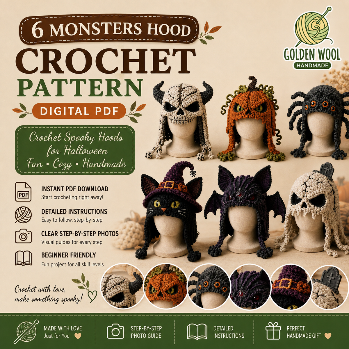Crochet Costume Hood Pattern Bundle | 6 Halloween Designs PDF | Beginner PDF Pattern