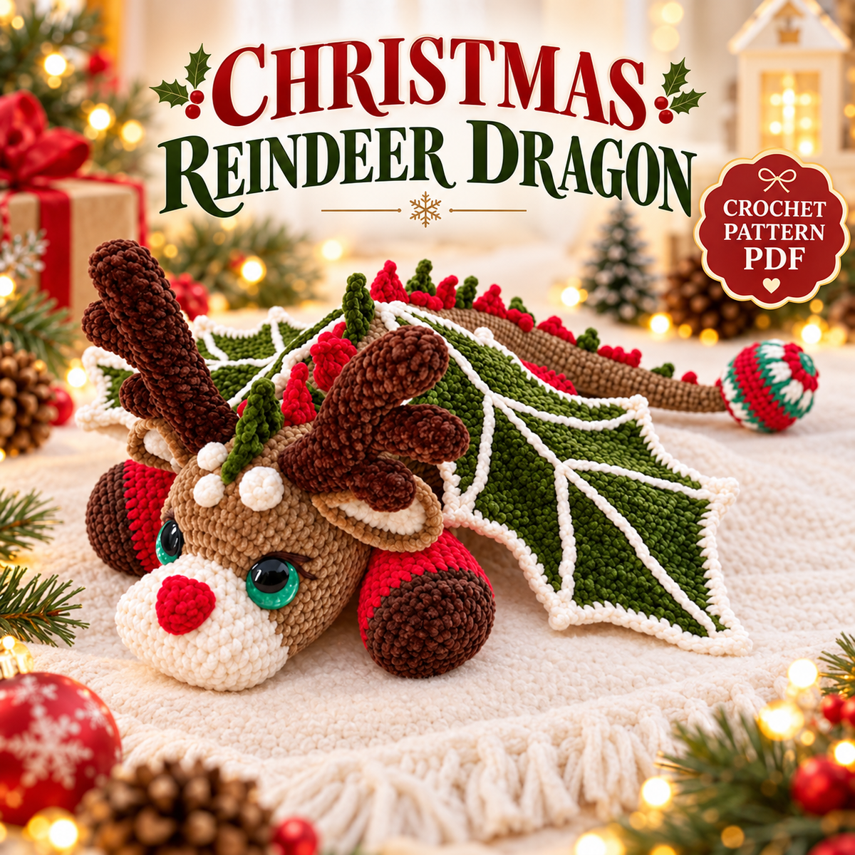 Christmas Reindeer Dragon Crochet Pattern – Holiday Dragon Amigurumi PDF