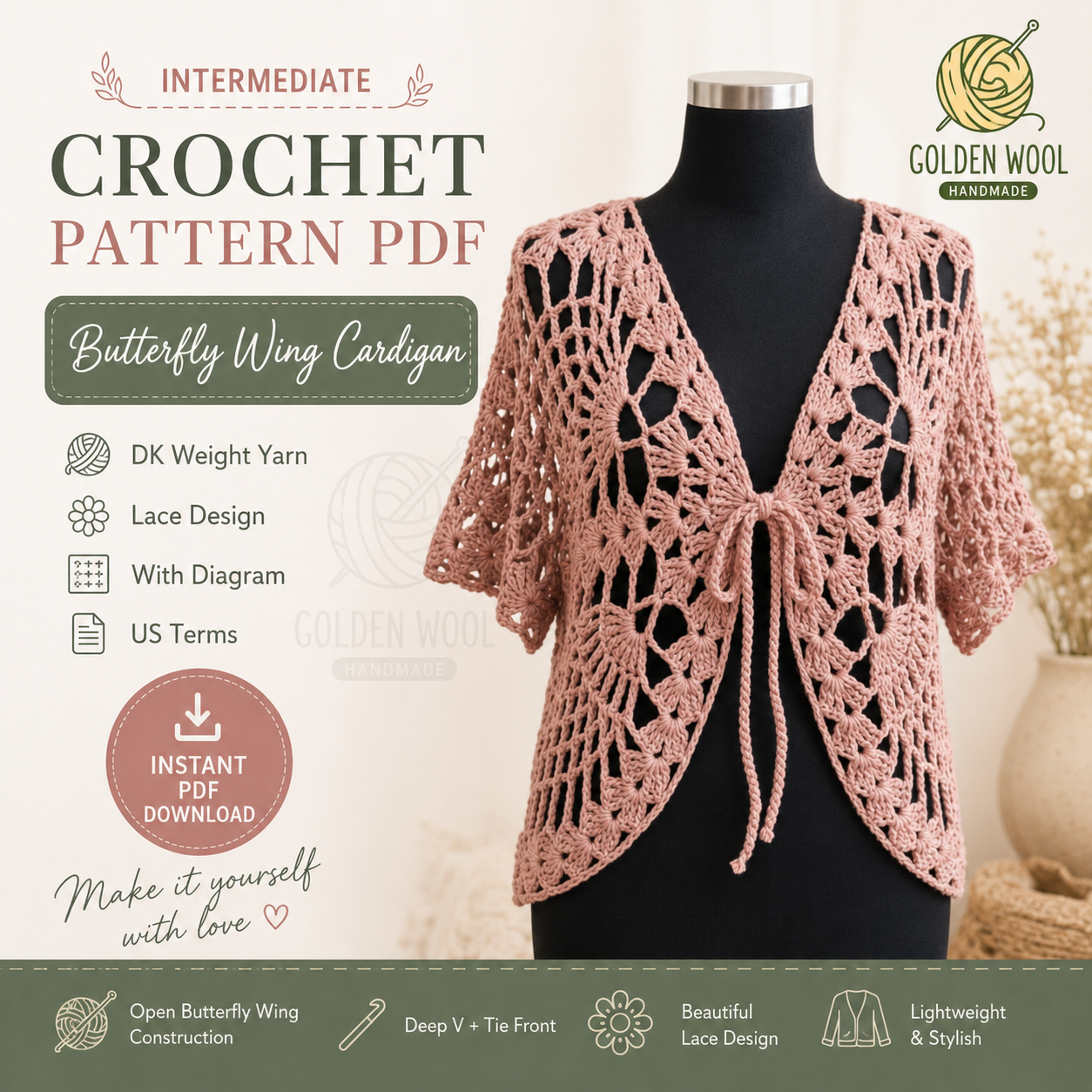 Butterfly Wing Cardigan Crochet Pattern PDF | Lace Crochet Cardigan Tutorial | Boho Shrug Pattern | Instant Digital Download