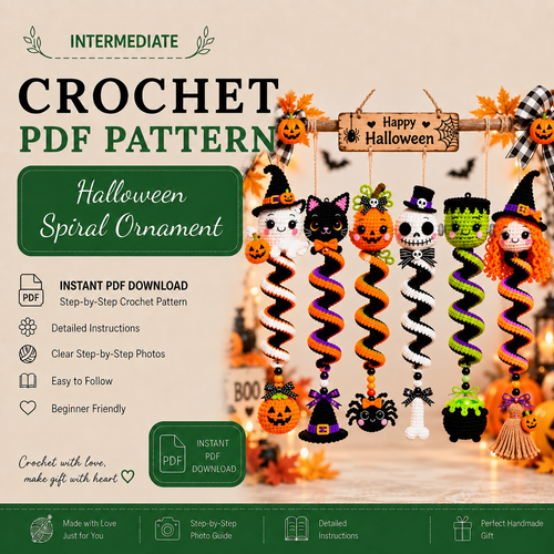6-in-1 Halloween Spiral Ornament Crochet Pattern Bundle PDF | Ghost Black Cat Pumpkin Skull Frankenstein Witch | Spooky Hanging Decor