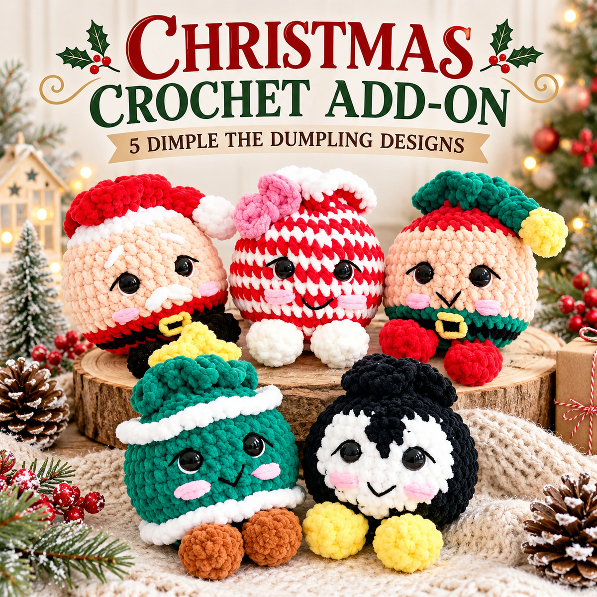 Christmas Crochet Add-On Pattern for Dimple the Dumpling – 5 Holiday Amigurumi PDF