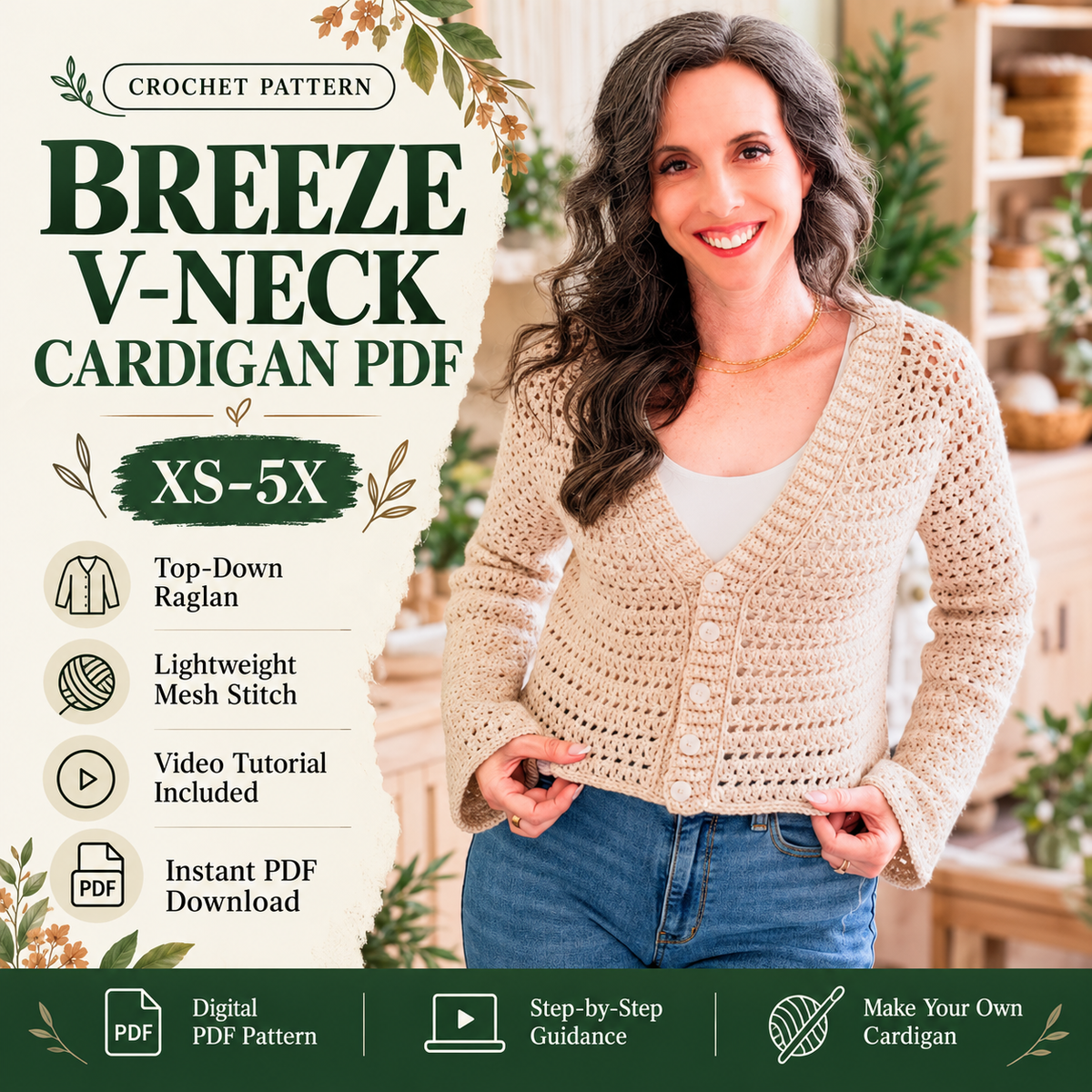 Breeze V-Neck Crochet Cardigan Pattern PDF|Top Down Raglan Sweater|Lightweight Mesh Cardigan, XS–5X, Video Tutorial