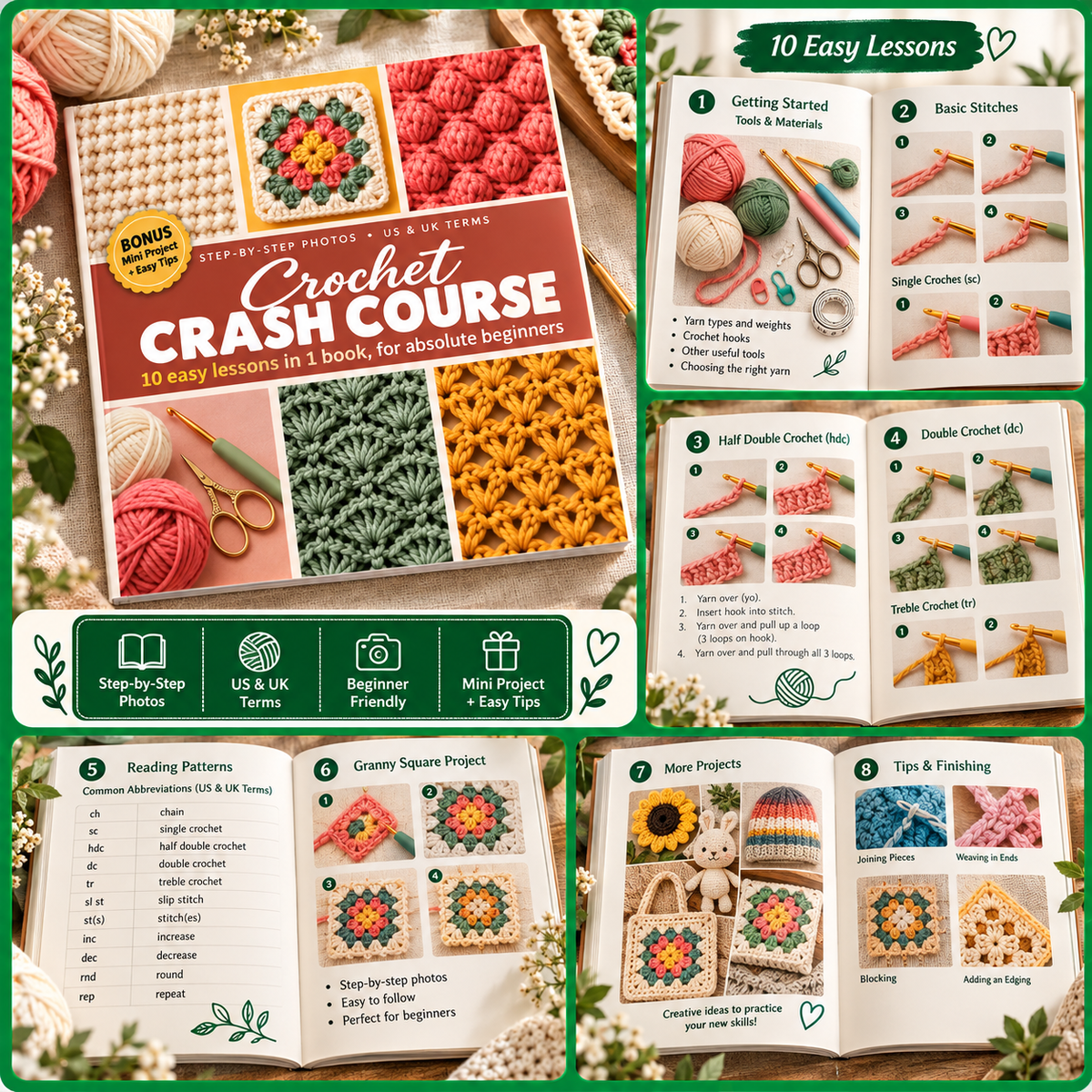 Crochet for Beginners Book, Easy Step-by-Step Crochet Guide, 10 Lessons in One Book