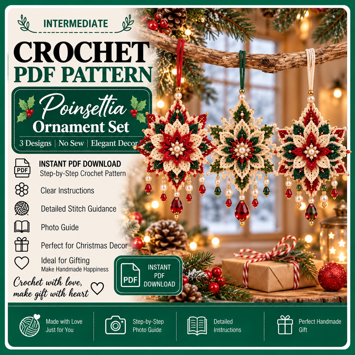 Poinsettia Crochet Ornament Pattern PDF, Set of 3 Beaded Christmas Flower Decorations, Layered Snowflake Ornament, Intermediate Crochet Pattern