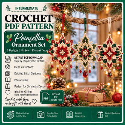 Poinsettia Crochet Ornament Pattern PDF, Set of 3 Beaded Christmas Flower Decorations, Layered Snowflake Ornament, Intermediate Crochet Pattern