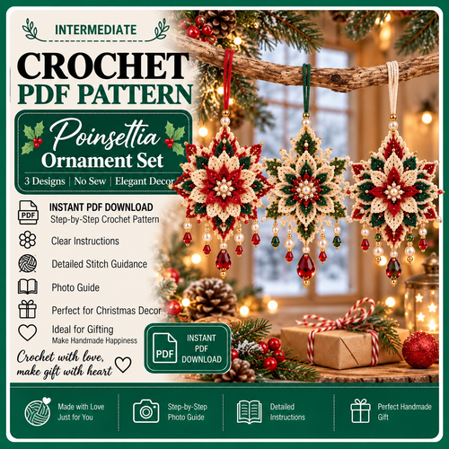 Poinsettia Crochet Ornament Pattern PDF, Set of 3 Beaded Christmas Flower Decorations, Layered Snowflake Ornament, Intermediate Crochet Pattern