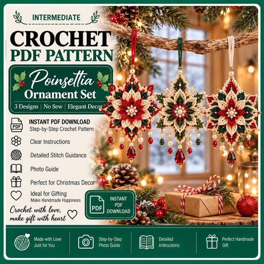 Poinsettia Crochet Ornament Pattern PDF, Set of 3 Beaded Christmas Flower Decorations, Layered Snowflake Ornament, Intermediate Crochet Pattern