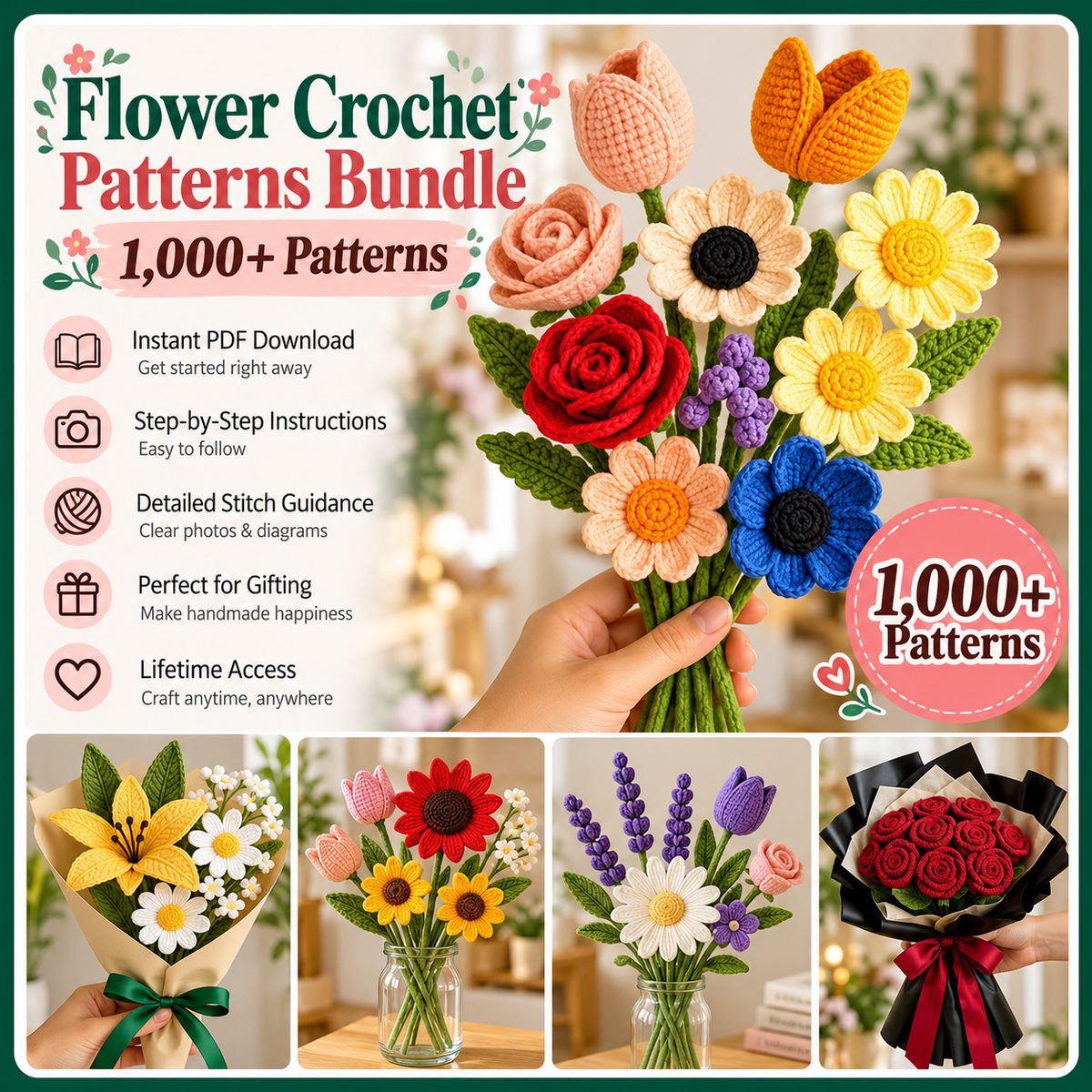 1000+ Flower Crochet Patterns Bundle PDF, Crochet Flower Bouquet, Rose Daisy Sunflower Patterns, Floral Crochet DIY, Digital Download