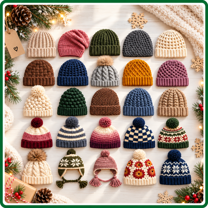 25 Winter Crochet Hat Patterns Bundle PDF, Beanies, Earflap Hats, Nordic Designs
