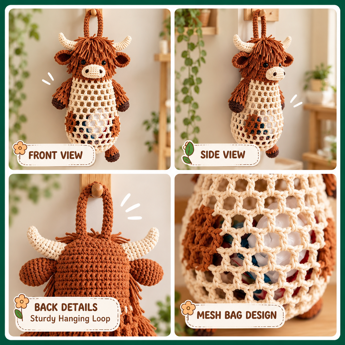 Animal Mesh Bag Holder Crochet Kit, Beginner DIY Crochet Kit, Highland Cow Fish Raccoon Chicken, Reusable Bag Organizer, Home Decor