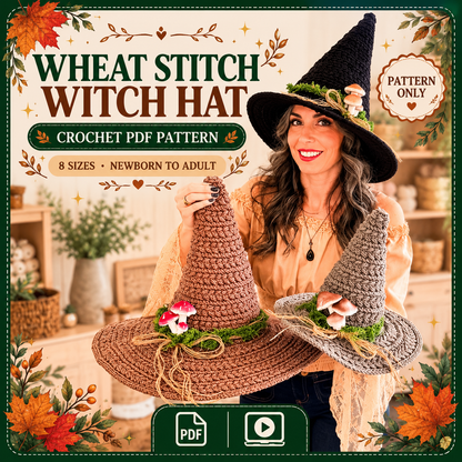 Witch Hat Crochet Pattern PDF, Wheat Stitch Halloween Hat, Wire Brim, 8 Sizes Newborn to Adult, Video Tutorial, Instant Download