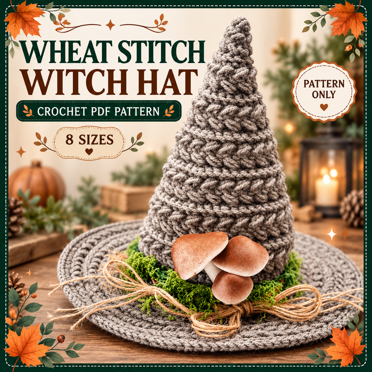 Witch Hat Crochet Pattern PDF, Wheat Stitch Halloween Hat, Wire Brim, 8 Sizes Newborn to Adult, Video Tutorial, Instant Download