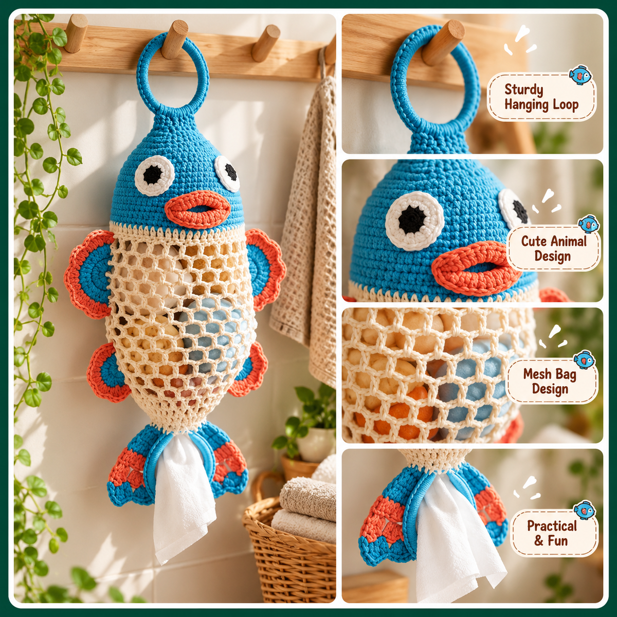 Animal Mesh Bag Holder Crochet Kit, Beginner DIY Crochet Kit, Highland Cow Fish Raccoon Chicken, Reusable Bag Organizer, Home Decor