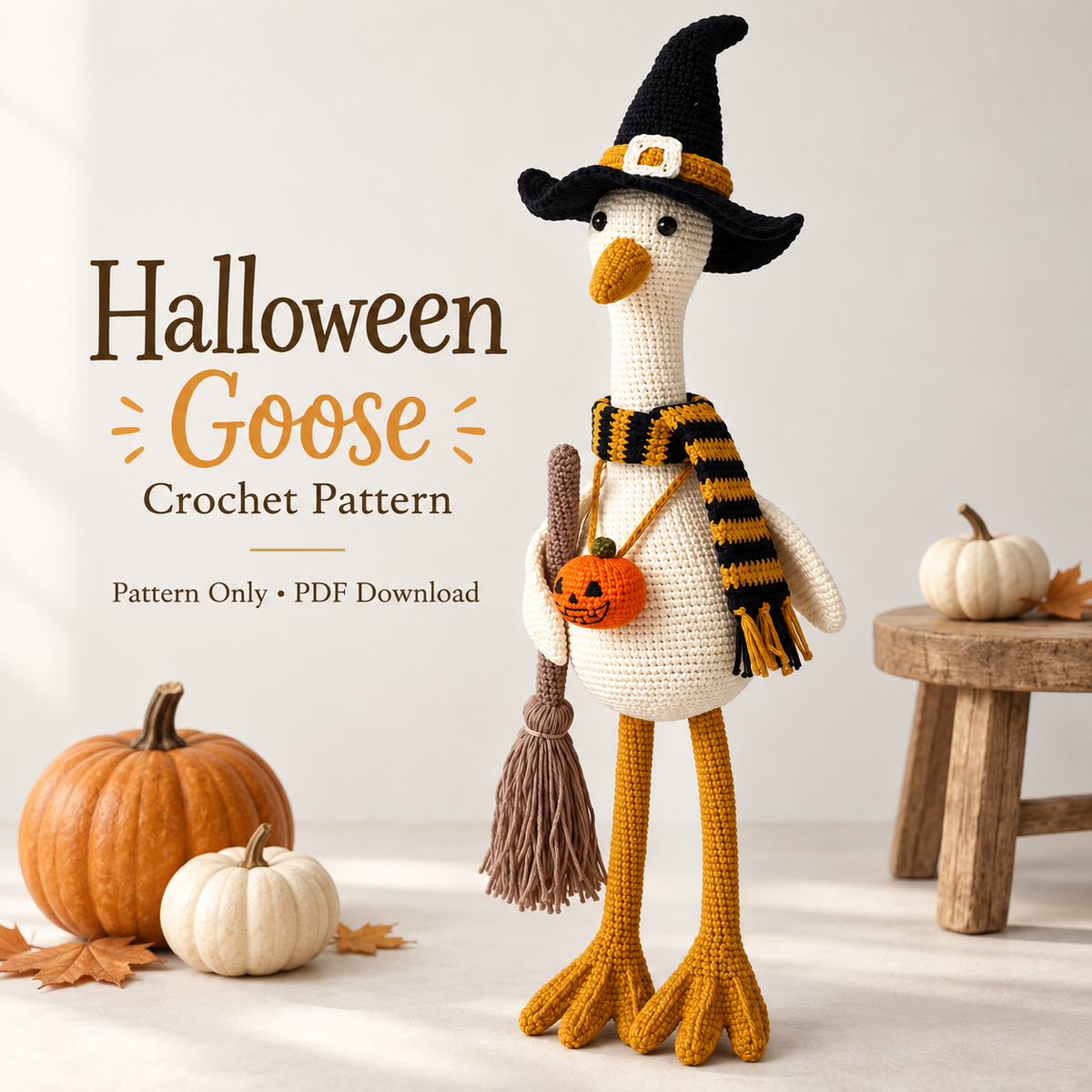 Halloween Witch Goose Crochet Pattern PDF | Spooky Amigurumi Goose with Hat, Scarf & Pumpkin Bag | Fall Thanksgiving Decor | Digital Download