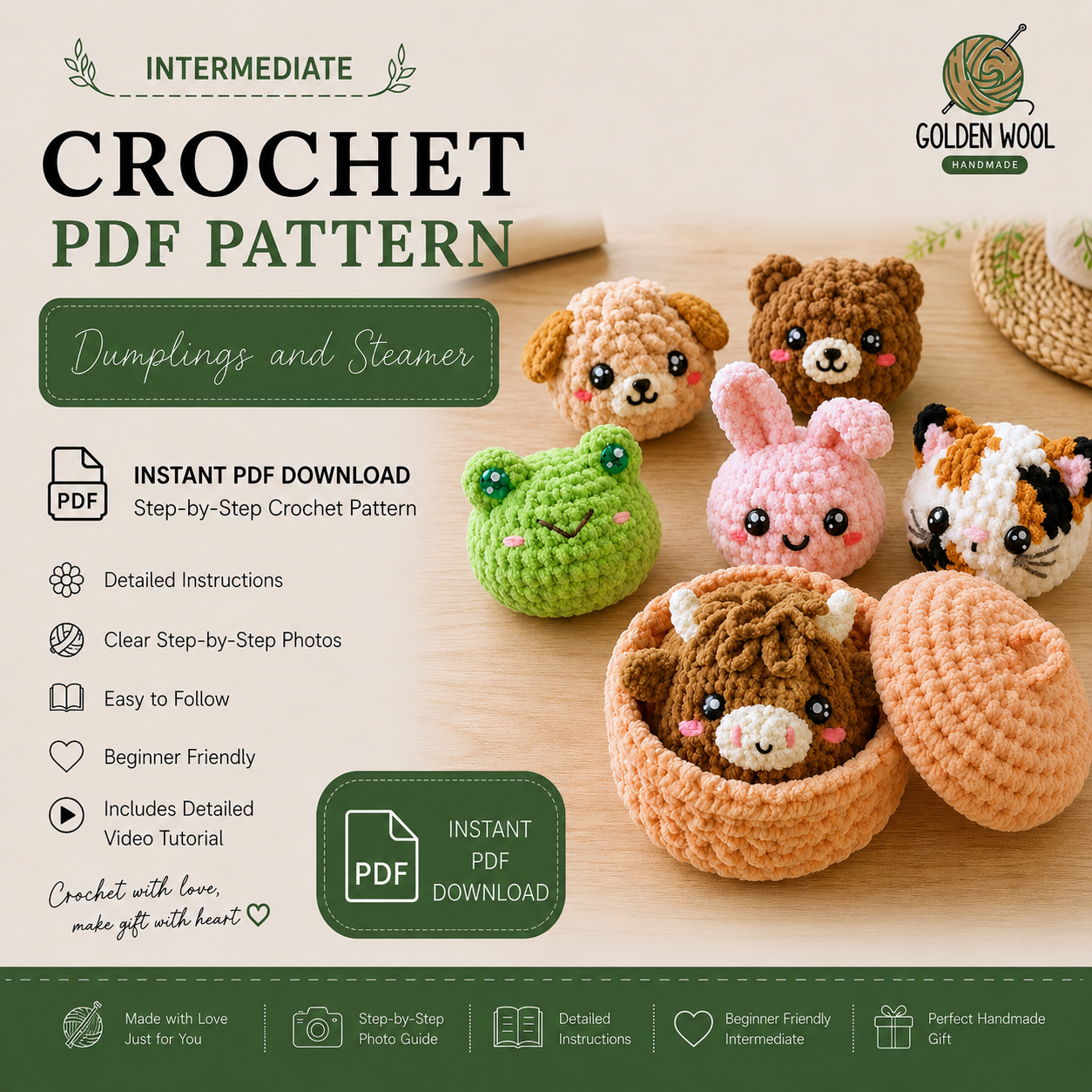 7-in-1  Dumplings & Steamer Crochet Pattern PDF – 7 Cute No-Sew Animal Dumplings | Beginner Digital Download with Step-by-Step Video Tutorial