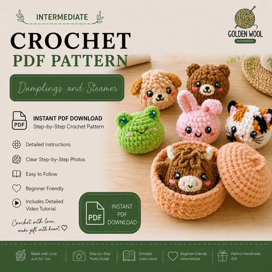 7-in-1  Dumplings & Steamer Crochet Pattern PDF – 7 Cute No-Sew Animal Dumplings | Beginner Digital Download with Step-by-Step Video Tutorial