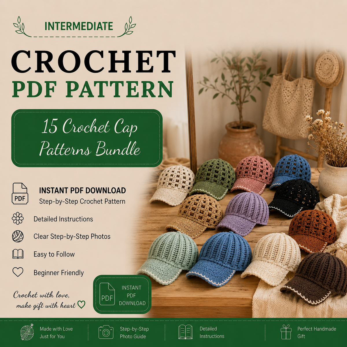 Golden Wool™ | 15 Crochet Cap Patterns Bundle PDF | Lace & Mesh Baseball Hat Crochet Patterns | Summer Crochet Hats | Step-by-Step Guide | Instant Download**