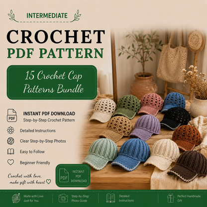 Golden Wool™ | 15 Crochet Cap Patterns Bundle PDF | Lace & Mesh Baseball Hat Crochet Patterns | Summer Crochet Hats | Step-by-Step Guide | Instant Download**