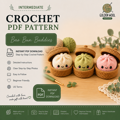 Dumpling & Steamer Crochet Pattern PDF, No Sew Bao Bun Plushie, Easy Beginner Amigurumi Food Tutorial - Golden Wool