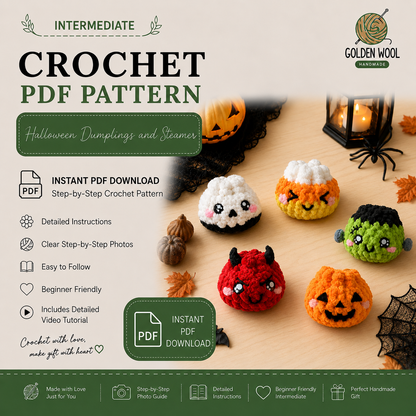 5 in 1_ Halloween Dumplings & Steamer Crochet Pattern PDF – 5 Cute No-Sew Spooky Amigurumi Plushies | Digital Download with Step-by-Step Video Tutorial
