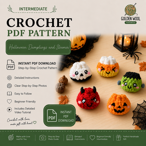 5 in 1_ Halloween Dumplings & Steamer Crochet Pattern PDF – 5 Cute No-Sew Spooky Amigurumi Plushies | Digital Download with Step-by-Step Video Tutorial