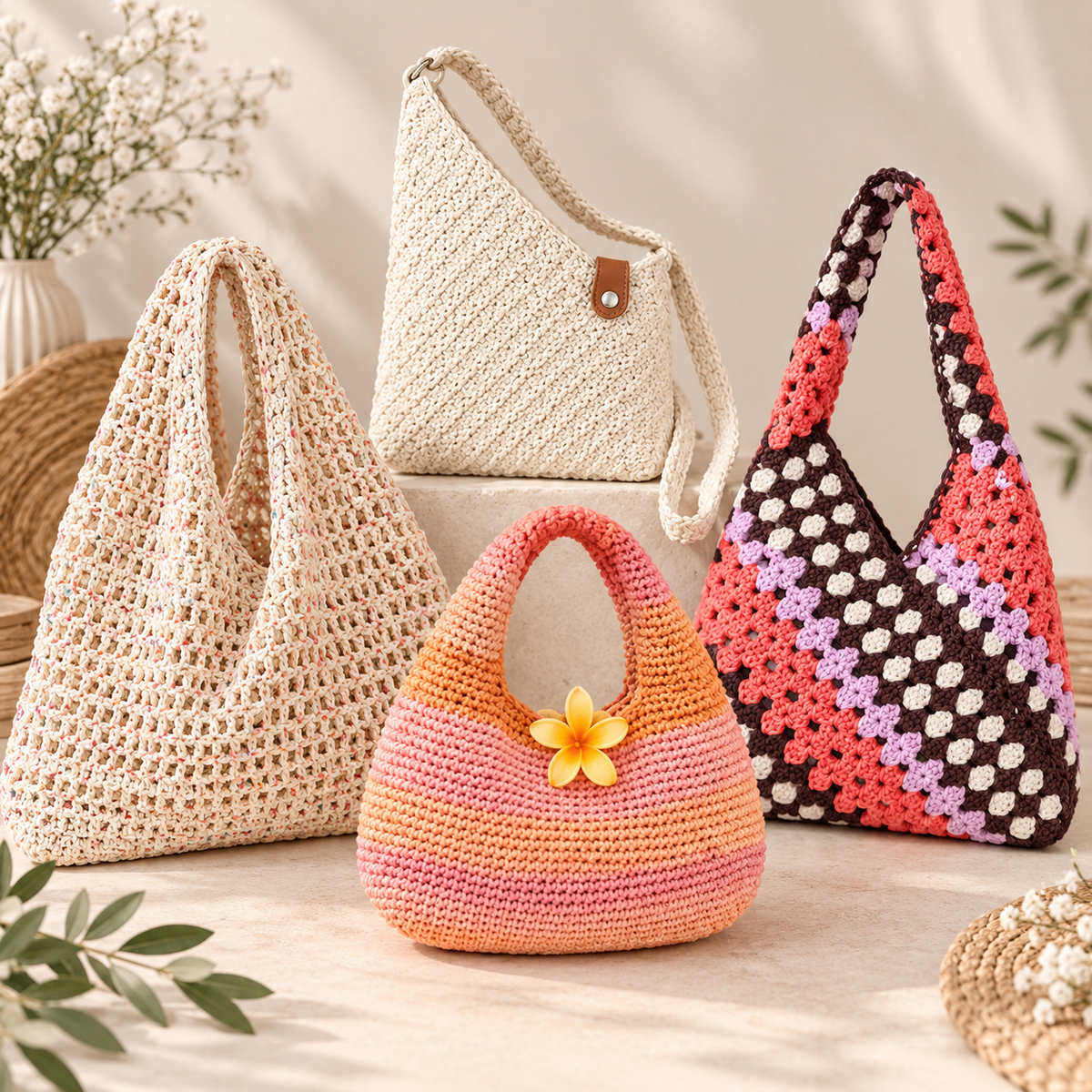 4-in-1 Crochet Bag Pattern Bundle PDF + Video Tutorial | Crochet Handbag, Market Bag & Shoulder Bag Patterns | Beginner Friendly