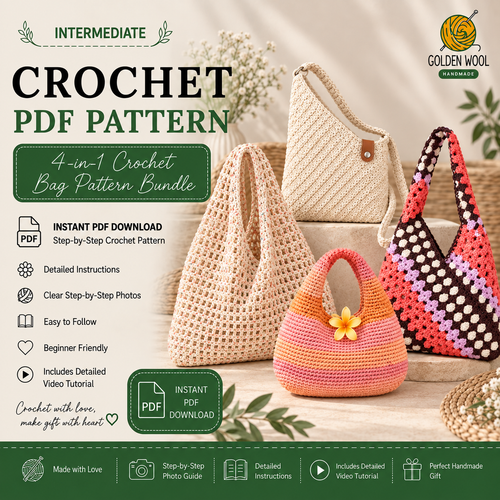 4-in-1 Crochet Bag Pattern Bundle PDF + Video Tutorial | Crochet Handbag, Market Bag & Shoulder Bag Patterns | Beginner Friendly