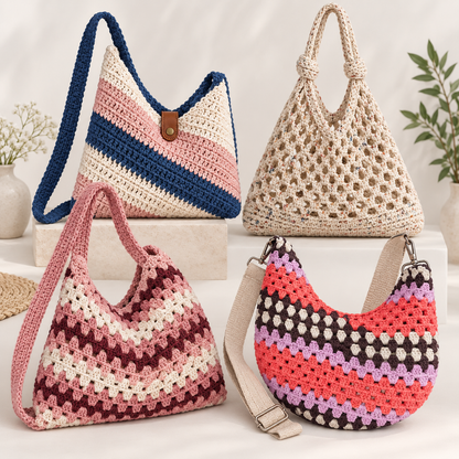 4-in-1 Crochet Bag Pattern Bundle PDF + Video Tutorial | Crochet Handbag, Market Bag & Shoulder Bag Patterns | Beginner Friendly