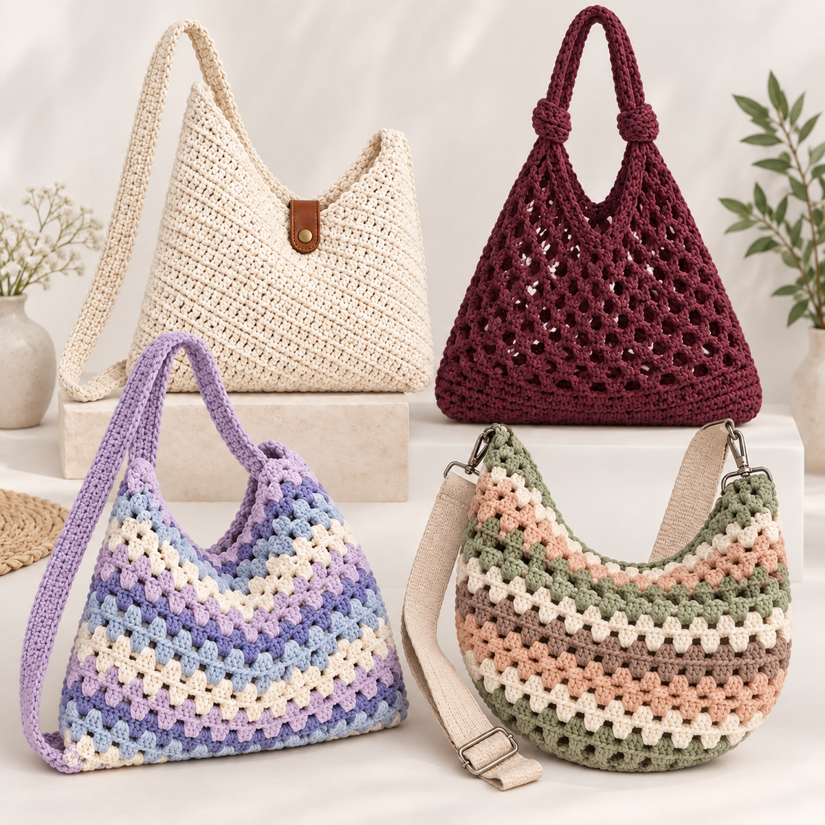 4-in-1 Crochet Bag Pattern Bundle PDF + Video Tutorial | Crochet Handbag, Market Bag & Shoulder Bag Patterns | Beginner Friendly