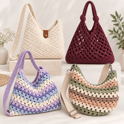 4-in-1 Crochet Bag Pattern Bundle PDF + Video Tutorial | Crochet Handbag, Market Bag & Shoulder Bag Patterns | Beginner Friendly