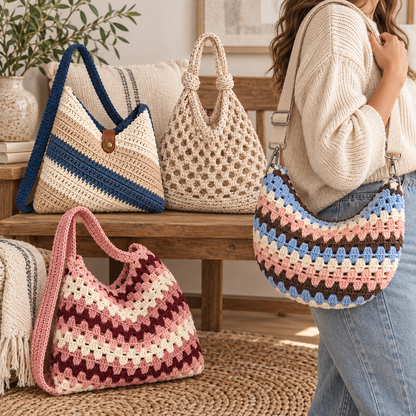 4-in-1 Crochet Bag Pattern Bundle PDF + Video Tutorial | Crochet Handbag, Market Bag & Shoulder Bag Patterns | Beginner Friendly