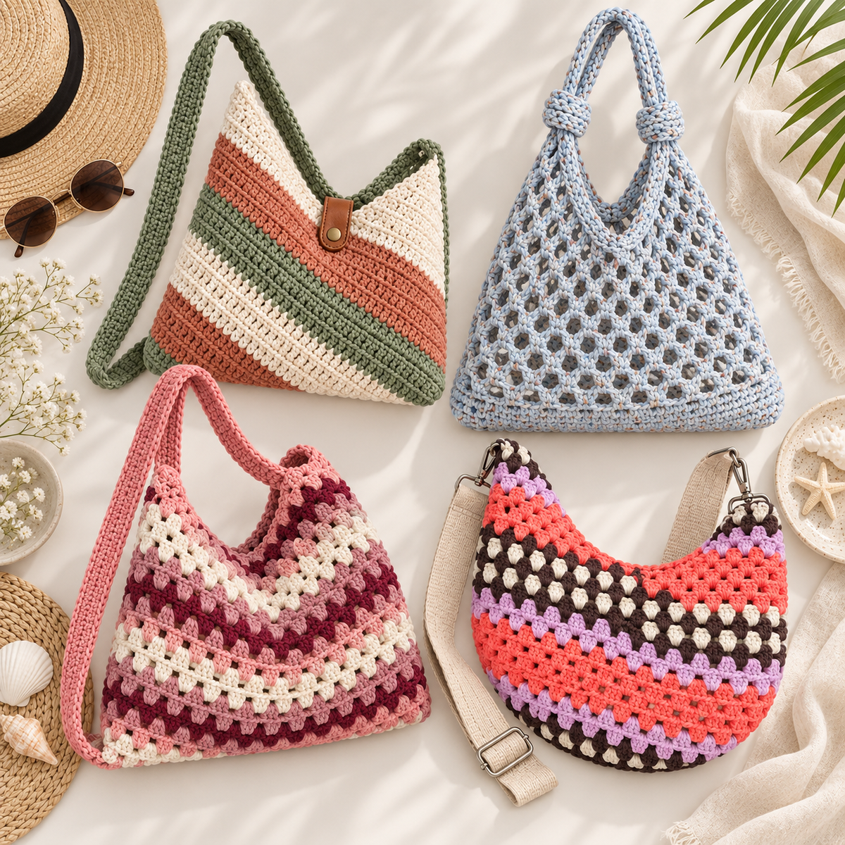 4-in-1 Crochet Bag Pattern Bundle PDF + Video Tutorial | Crochet Handbag, Market Bag & Shoulder Bag Patterns | Beginner Friendly