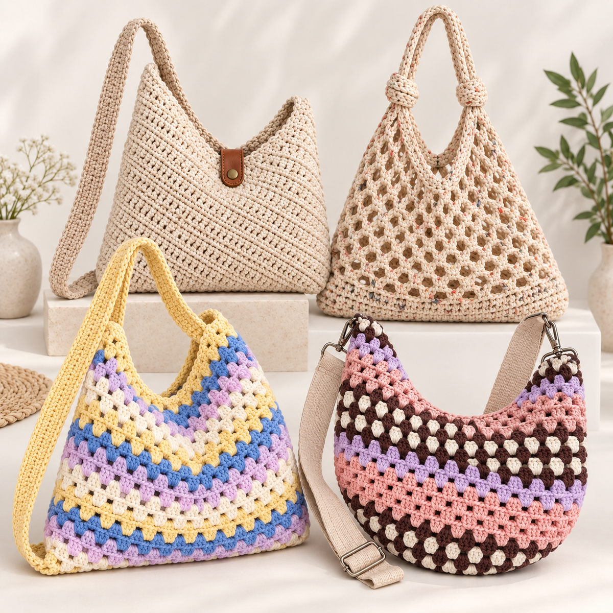 4-in-1 Crochet Bag Pattern Bundle PDF + Video Tutorial | Crochet Handbag, Market Bag & Shoulder Bag Patterns | Beginner Friendly