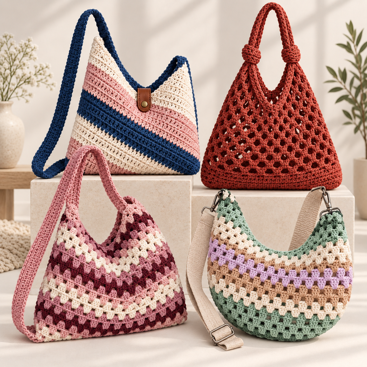 4-in-1 Crochet Bag Pattern Bundle PDF + Video Tutorial | Crochet Handbag, Market Bag & Shoulder Bag Patterns | Beginner Friendly