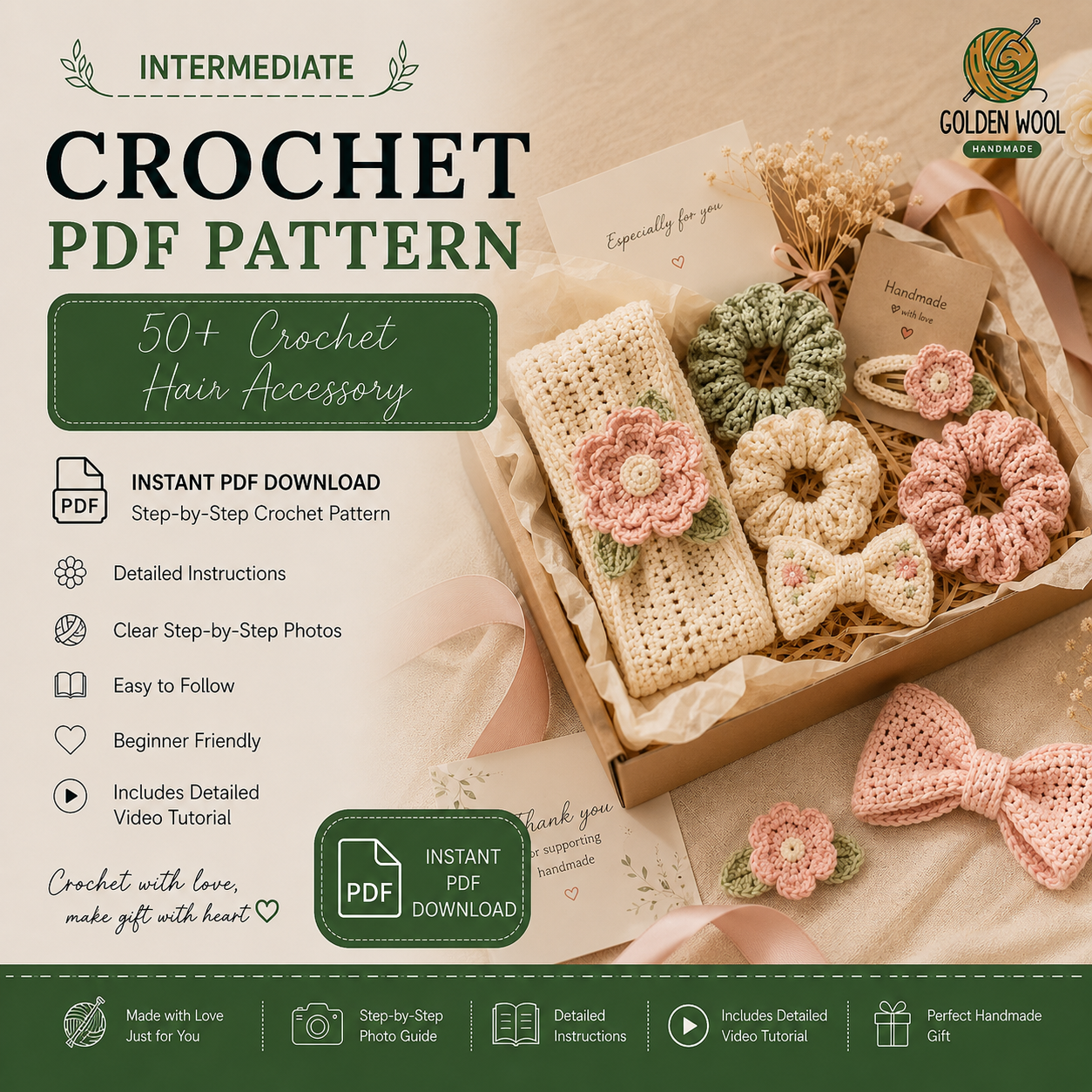 50+ Crochet Hair Accessory Patterns PDF Bundle – Bows, Scrunchies, Flowers, Headbands & Bandanas | Instant Digital Download with Video Tutorial