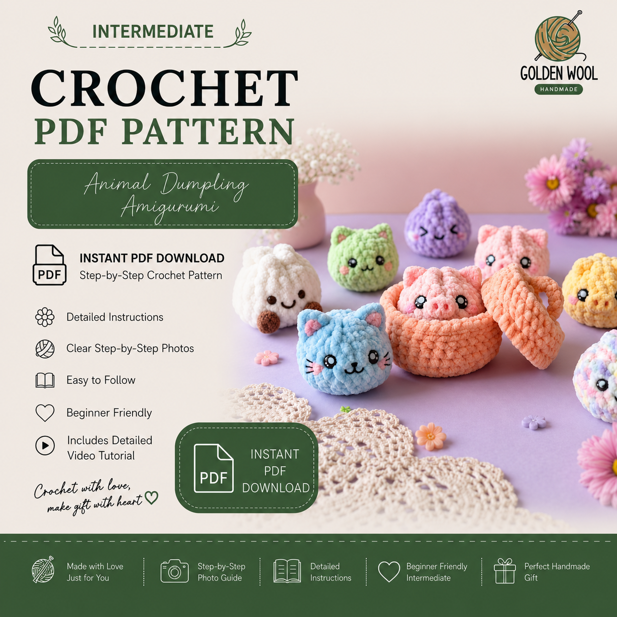 Animal Dumpling Amigurumi Crochet Pattern PDF – 6 Cute Mini Plushies & Gift Basket | Easy Digital Download with Step-by-Step Guide