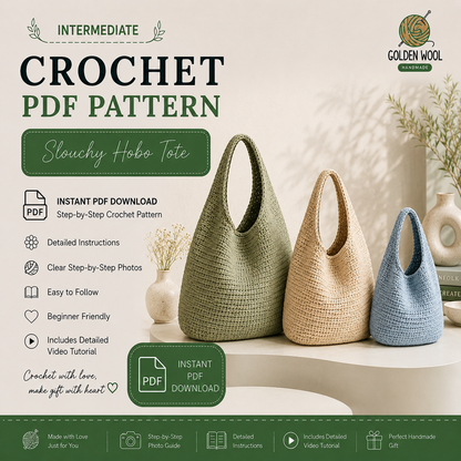 Golden Wool™ |Slouchy Hobo Tote Crochet Pattern, Modern Minimalist Shoulder Bag, 3 Sizes