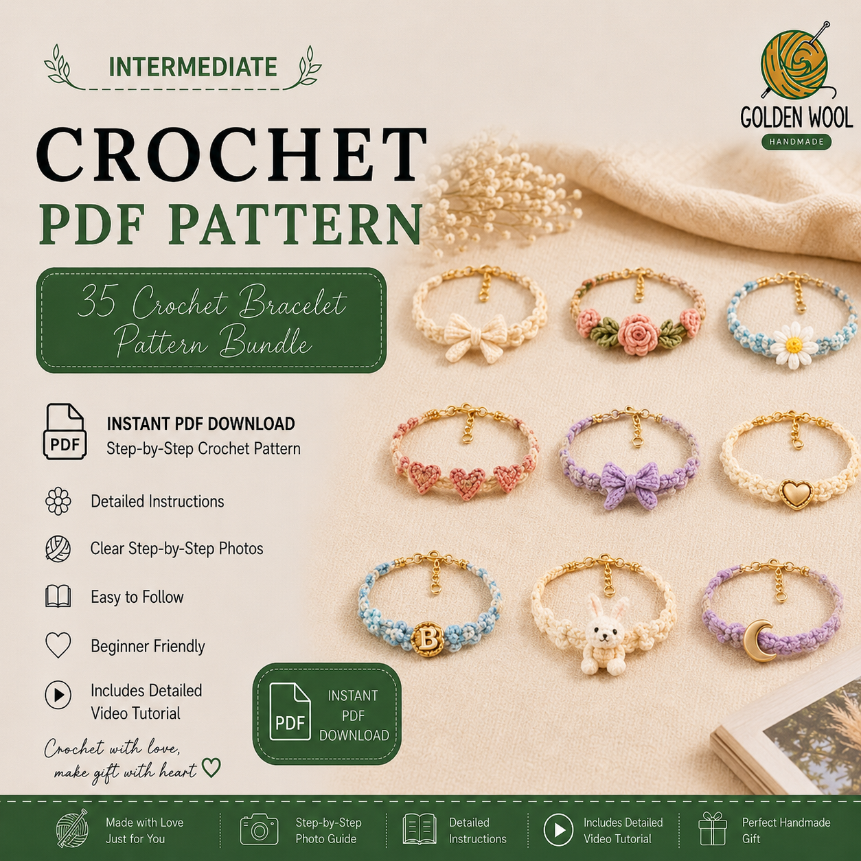35 Crochet Bracelet Pattern Bundle PDF | Floral, Bow, Animal & Charm Bracelet Tutorials | Beginner-Friendly Crochet Jewelry | Instant Download + Video Tutorial