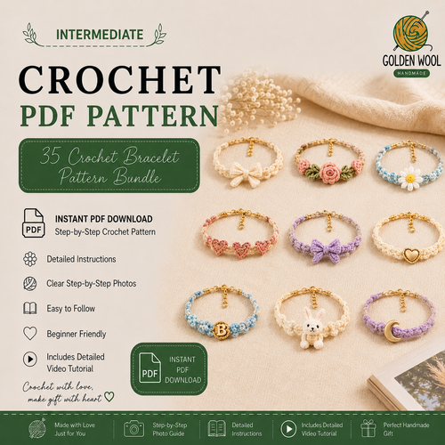 35 Crochet Bracelet Pattern Bundle PDF | Floral, Bow, Animal & Charm Bracelet Tutorials | Beginner-Friendly Crochet Jewelry | Instant Download + Video Tutorial