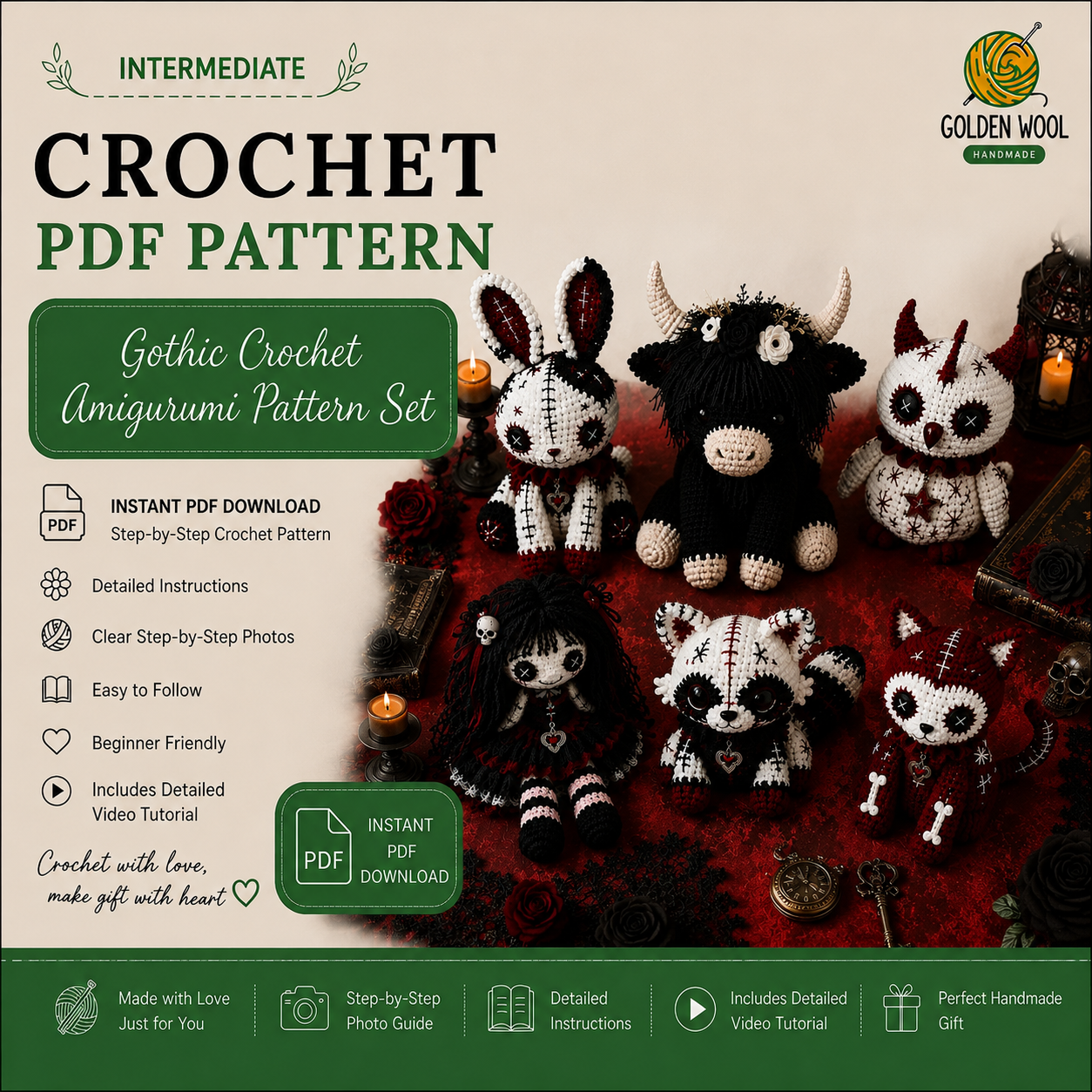 Gothic Crochet Amigurumi Pattern Set – Spooky Plushie & Doll PDF Patterns