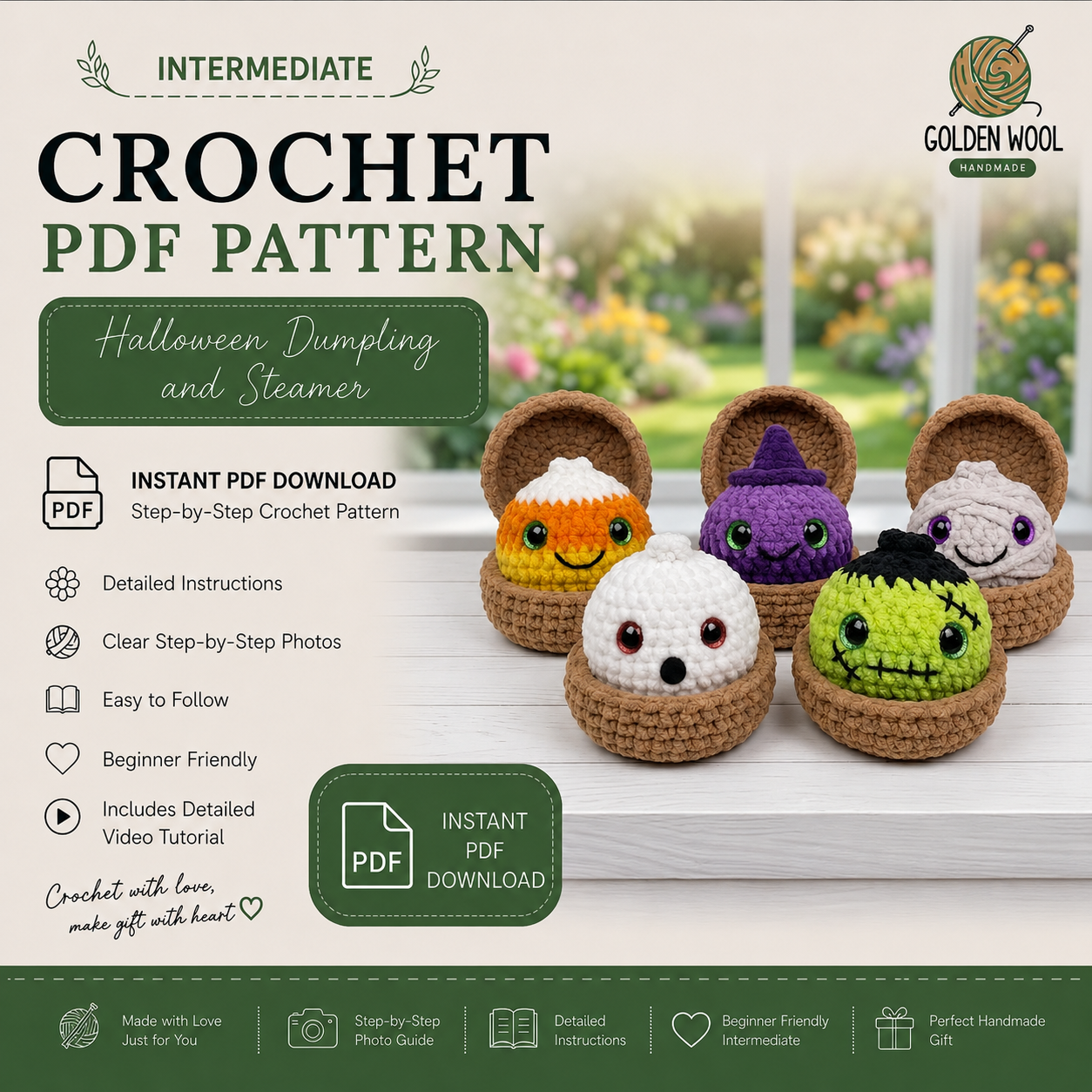 5-in-1 Halloween Dumpling & Steamer Crochet Pattern PDF – 5 Cute No-Sew Amigurumi Plushies | Beginner Digital Download with Step-by-Step Video Tutorial