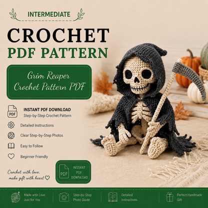 Grim Reaper Crochet Pattern PDF | Skeleton Amigurumi with Scythe | Gothic Halloween Crochet Decor | Spooky Shelf Sitter Pattern
