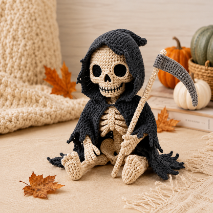 Grim Reaper Crochet Pattern PDF | Skeleton Amigurumi with Scythe | Gothic Halloween Crochet Decor | Spooky Shelf Sitter Pattern