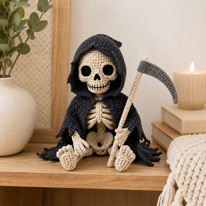 Grim Reaper Crochet Pattern PDF | Skeleton Amigurumi with Scythe | Gothic Halloween Crochet Decor | Spooky Shelf Sitter Pattern