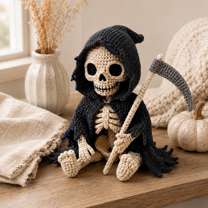 Grim Reaper Crochet Pattern PDF | Skeleton Amigurumi with Scythe | Gothic Halloween Crochet Decor | Spooky Shelf Sitter Pattern