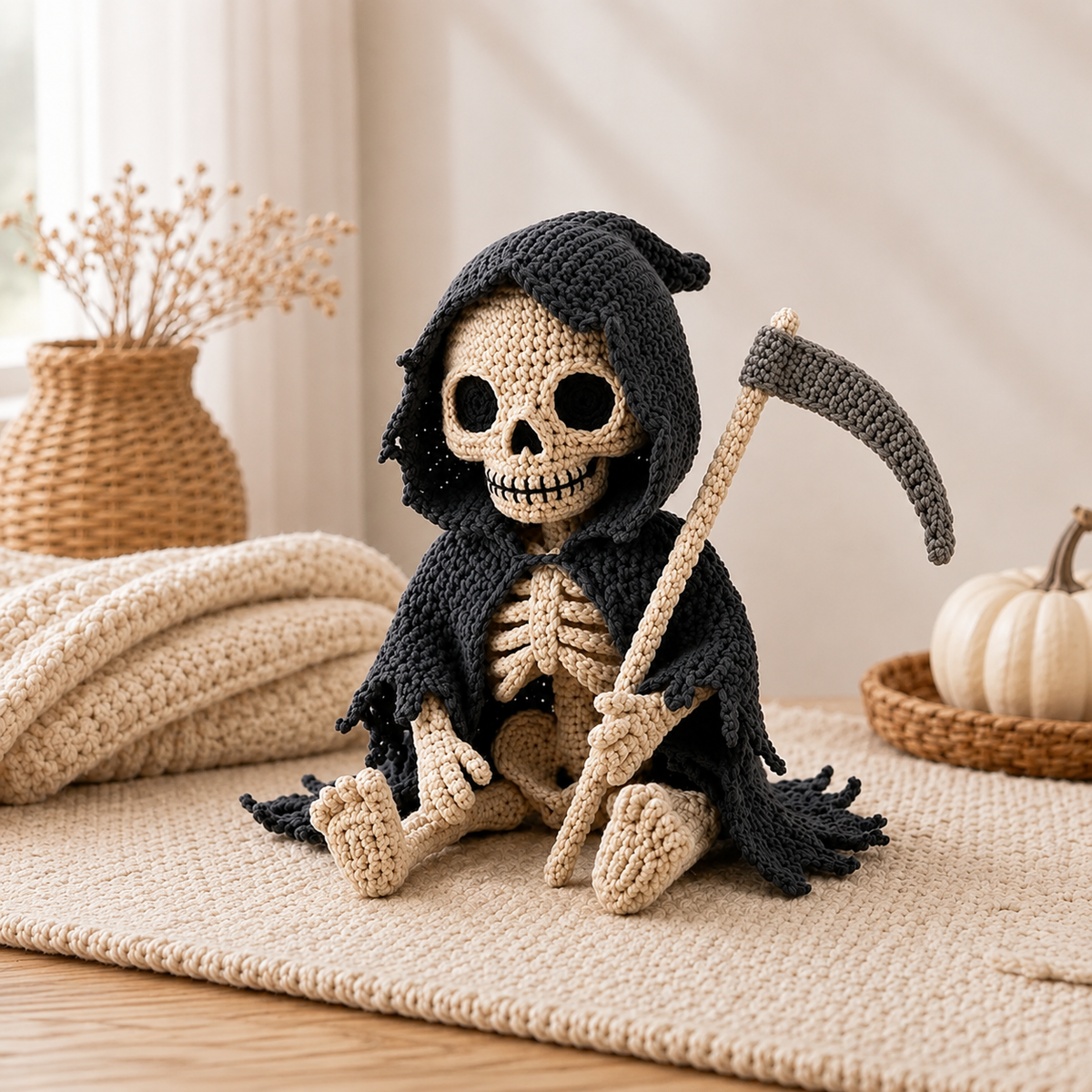 Grim Reaper Crochet Pattern PDF | Skeleton Amigurumi with Scythe | Gothic Halloween Crochet Decor | Spooky Shelf Sitter Pattern